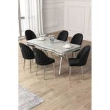 Canisa Pem Serisi 90x160 Lak Panel Beyaz Mermer Desen Krom Ayak Masa Takımı 6 Siyah Sandalye