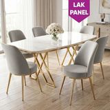 Canisa Peras Serisi 90X160 Lak Panel Beyaz Mermer Desen Gold Ayaklı Masa Takımı 6 Gri Sandalye