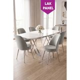 Canisa Peras Serisi 90X160 Lak Panel Beyaz Mermer Desen Krom Ayaklı Masa Takımı 6 Sandalye - Gri