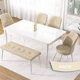 Canisa Pir Serisi 80x130 Beyaz 4 Krem Sandalye ve 1 Bench Krem Masa Takımı