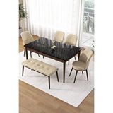 Canisa Pir Serisi 80x130 Sabit Siyah Mermer Desen Kahve Ayak Masa Takımı 4 Krem Sandalye Ve 1 Bench