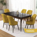 Canisa Pir Serisi 80X130 Sabit Siyah Mermer Desen Kahve Ayak Mutfak Masa Takımı ve 6 Sandalye - Hardal