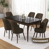 Canisa Pir Serisi 80X130 Sabit Siyah Mermer Desen Kahve Ayak Mutfak Masa Takımı ve 6 Sandalye - Kahverengi