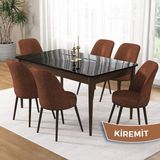Canisa Pir Serisi 80X130 Sabit Siyah Mermer Desen Kahve Ayak Mutfak Masa Takımı ve 6 Sandalye - Kiremit
