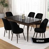 Canisa Pir Serisi 80X130 Sabit Siyah Mermer Desen Kahve Ayak Mutfak Masa Takımı ve 6 Sandalye
