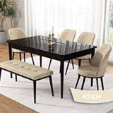 Canisa Pir Serisi 80x130 Siyah Mermer Desen 4 Krem Sandalye ve 1 Bench Krem Masa Takımı