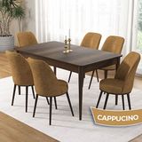 Canisa Pir Serisi 80x130 Siyah Mermer Desen Ceviz Ayak Masa Takımı ve 6 Adet Cappucino Sandalye