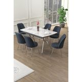 Canisa Poy Serisi 89x150 cm Açılabilir Lak Panel Rampla Gri Masa Takımı, 6 Antrasit Sandalye, Krom Ayak
