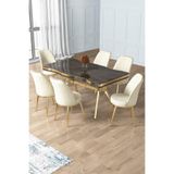 Canisa Prah Serisi 90x160 cm Antrasit Mermer Desen Masa, Gold Ayak, 6 Cappucino Sandalye Yemek Odası Takımı