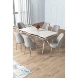 Canisa Prah Serisi 90x160 cm Beyaz Mermer Desen Masa, 6 Gri Sandalye, Krom Ayak