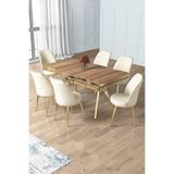 Canisa Prah Serisi 90x160 cm Lak Panel Hazar Gold Ayak Yemek Odası Takımı, 6 Krem Sandalye