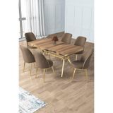 Canisa Prah Serisi 90x160 cm Lak Panel Masa, Gold Ayak, 6 Cappucino Sandalye Yemek Odası Takımı