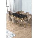 Canisa Prah Serisi 90x160 cm Lak Panel Sonata Desen Gold Ayak Yemek Odası Takımı, 6 Cappucino Sandalye