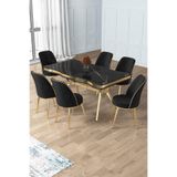 Canisa Prah Serisi 90x160 cm Siyah Mermer Masa, Gold Ayak, 6 Siyah Sandalye Yemek Odası Takımı