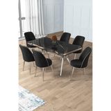 Canisa Prah Serisi 90x160 cm Siyah Mermer Masa, Krom Ayak, 6 Siyah Sandalyeli Yemek Odası Takımı
