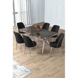 Canisa Prah Serisi 90x160 Lak Panel Antrasit Ironi Krom Ayak Masa Takımı 6 Siyah Sandalye
