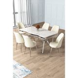 Canisa Prah Serisi 90x160 Lak Panel Beyaz Mermer Desen Krom Ayak 6 Krem Sandalye Masa Takımı