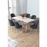 Canisa Prah Serisi 90x160 Lak Panel Beyaz Mermer Desen Krom Ayak Masa Takımı 6 Antrasit Sandalye