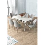 Canisa Prah Serisi 90x160 Lak Panel Beyaz Mermer Desen Krom Ayak Masa Takımı 6 Gri Sandalye