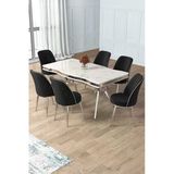 Canisa Prah Serisi 90x160 Lak Panel Beyaz Mermer Desen Krom Ayak Masa Takımı 6 Siyah Sandalye