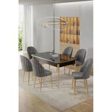 Canisa Rada Serisi 80X132 Açılabilir Lak Panel Siyah Mermer Desen Masa Takımı 6 Gri Sandalye Gold Detay