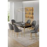 Canisa Rada Serisi 80x132 cm Açılabilir Siyah Mermer Desen Masa Takımı, 6 Gri Sandalye, Gold Detay