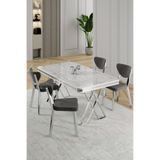 Canisa Raja Serisi 80x130 Lak Panel Beyaz Mermer Desen Masa Takımı Krom Ayaklı 4 Gri Sandalye