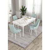 Canisa Ram Serisi 80x132 cm Açılabilir Beyaz Mermer Desen 4 Sandalye Su Yeşili Mutfak Masa Takımı