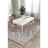 Canisa Ram Serisi 80x132 cm Açılabilir Beyaz Mermer Desen 4 Sandalye ve 1 Bench Cappucino Mutfak Masa Takımı