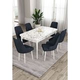 Canisa Ram Serisi 80x132 cm Açılabilir Beyaz Mermer Desen 6 Sandalye Antrasit Mutfak Masa Takımı
