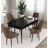 Canisa Ram Serisi 80x132 cm Açılabilir Siyah Mermer Desen 4 Sandalye Kahverengi Mutfak Masası Takımı