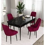 Canisa Ram Serisi 80x132 cm Açılabilir Siyah Mermer Desen 4 Sandalye Mürdüm Mutfak Masası Takımı