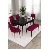 Canisa Ram Serisi 80x132 cm Açılabilir Siyah Mermer Desen 4 Sandalye ve 1 Bench Mürdüm Mutfak Masa Takımı