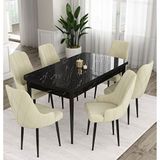 Canisa Ram Serisi 80x132 cm Açılabilir Siyah Mermer Desen 6 Sandalye Krem Mutfak Masası Takımı