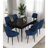 Canisa Ram Serisi 80x132 cm Açılabilir Siyah Mermer Desen 6 Sandalye Lacivert Mutfak Masası Takımı