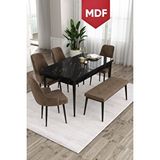 Canisa Ram Serisi, 80x132 Mdf Açılabilir Yemek Odası Takımı, Siyah Mermer Masa 4 Kahve Sandalye Ve 1 Bench