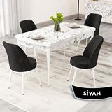 Canisa Rax Serisi 80x132 Açılabilir Beyaz Mermer Desen Mutfak Masası Takımı ve 4 Siyah Sandalye