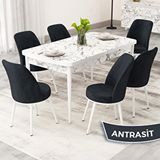 Canisa Rax Serisi 80x132 Açılabilir Beyaz Mermer Desen Mutfak Masası Takımı ve 6 Antrasit Sandalye