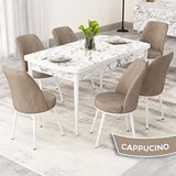 Canisa Rax Serisi 80x132 Açılabilir Beyaz Mermer Desen Mutfak Masası Takımı ve 6 Cappucino Sandalye