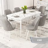 Canisa Rax Serisi 80x132 Açılabilir Beyaz Mermer Desen Mutfak Masası Takımı ve 6 Gri Sandalye