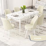 Canisa Rax Serisi 80x132 Açılabilir Beyaz Mermer Desen Mutfak Masası Takımı ve 6 Krem Sandalye