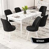 Canisa Rax Serisi 80x132 Açılabilir Beyaz Mermer Desen Mutfak Masası Takımı ve 6 Siyah Sandalye