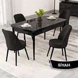 Canisa Rax Serisi 80x132 Açılabilir Siyah Mermer Desen Mutfak Masası Takımı ve 4 Siyah Sandalye
