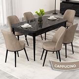 Canisa Rax Serisi 80x132 Açılabilir Siyah Mermer Desen Mutfak Masası Takımı ve 6 Cappucino Sandalye