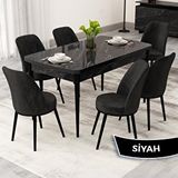 Canisa Rax Serisi 80x132 Açılabilir Siyah Mermer Desen Mutfak Masası Takımı ve 6 Siyah Sandalye