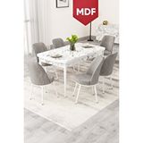 Canisa Rax Serisi 80x132 Mdf Açılabilir Beyaz Mermer Desen Mutfak Masa Takımı Ve 6 Gri Sandalye