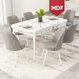Canisa Rax Serisi Açılabilir 80X132 MDF Beyaz Mermer Desen Mutfak Masası Takımı ve 6 Sandalye - Gri