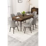Canisa Rax Serisi Açılabilir Mdf 80x132 Barok Ahşap Desen Yemek Odası Takımı 6 Gri Babyface Sandalye Kahverengi