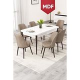 Canisa Rax Serisi Açılabilir Mdf 80x132 Beyaz Masa Kahve Metal Ayak Mutfak Takımı 6 Cappucino Babyface Sandalye