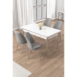 Canisa Rewa Serisi 70x114 cm Sabit Beyaz Masa, Krom Detay, 4 Gri Sandalye Takımı